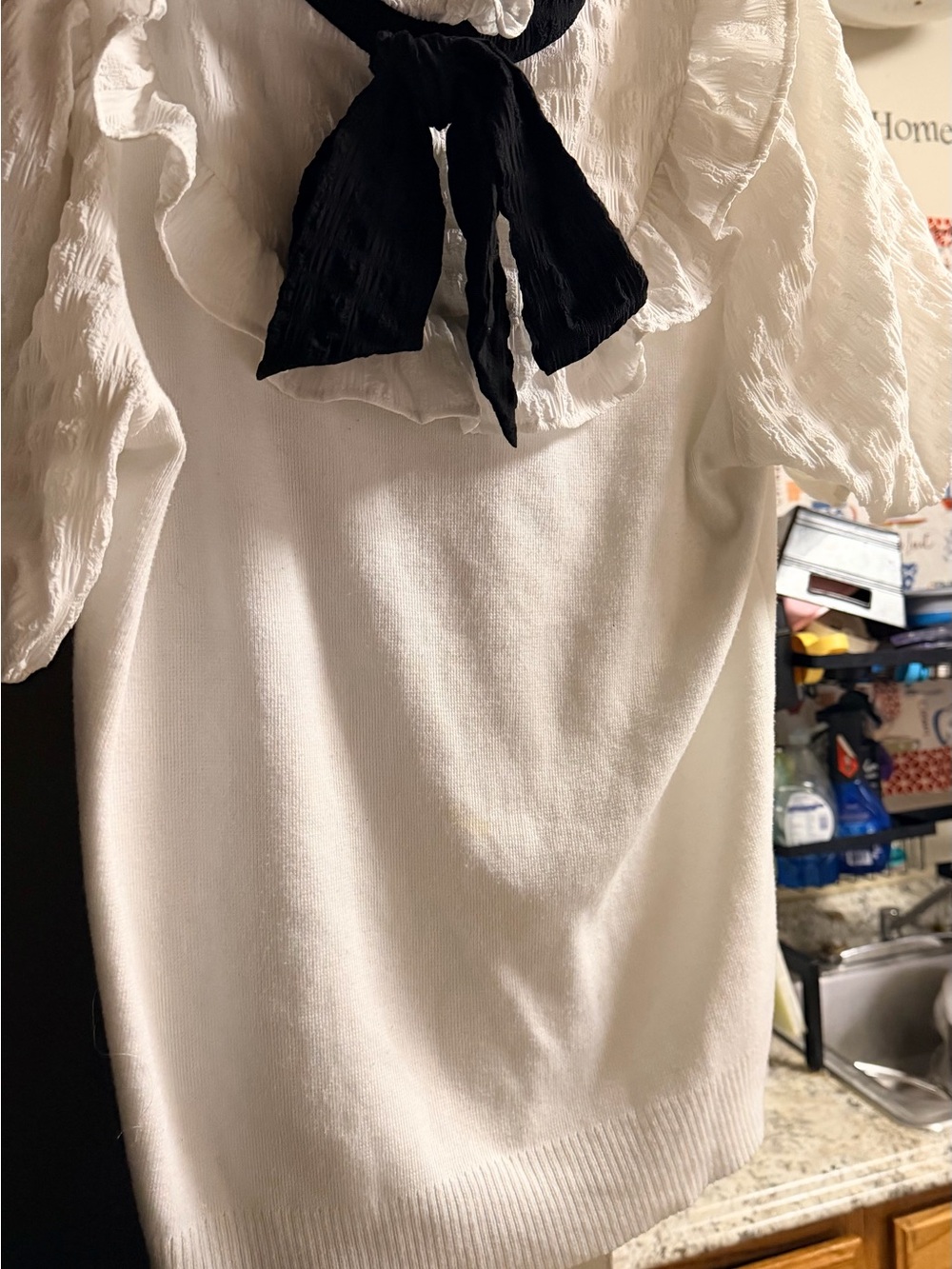 Alice Blue White Short-Sleeve Ruffle Sweater with Black Neck Tie